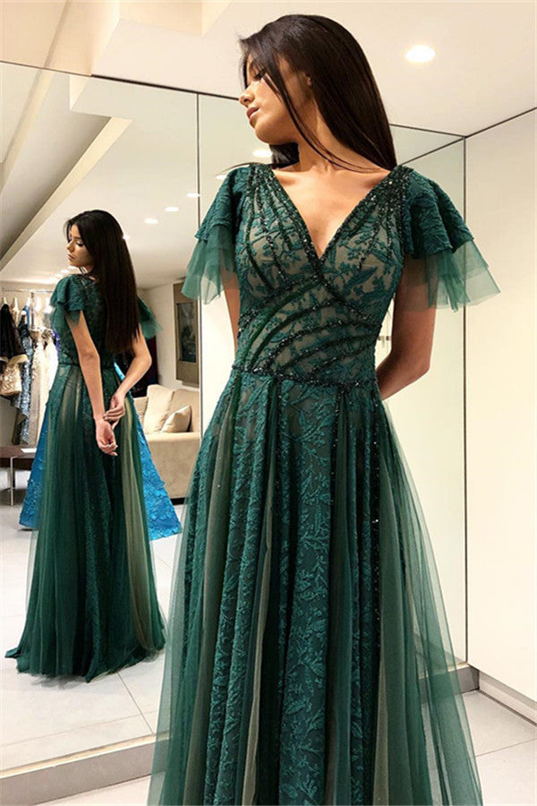 Dark Green Princess Short Sleeves Long Prom Dresses V-Neck Lace Evenin