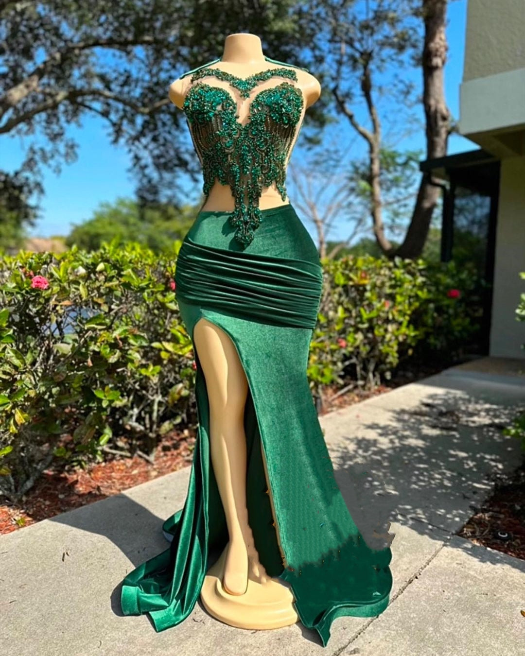 Dark Green Sweetheart Lace Long Mermaid Prom Dresses-showprettydress
