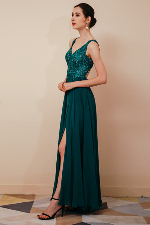 Dark Green V-neck Open-back Sleeveless Lace Evening Dress-showprettydress