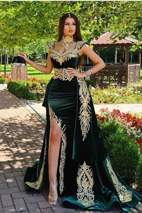 Dark Green Velvet Mermaid Evening Dress with Gold Lace appliques Dark Green Velvet Mermaid Evening Dress with Gold Lace appliques
