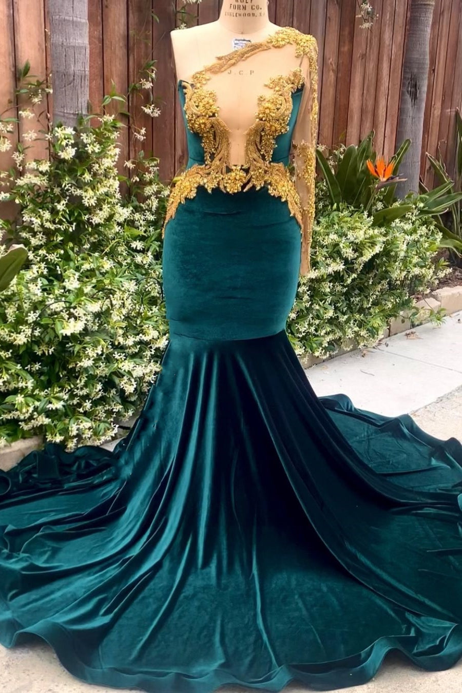 Dark Green Velvet One shoulder Mermaid Prom Dresses with Gold Appliques-showprettydress