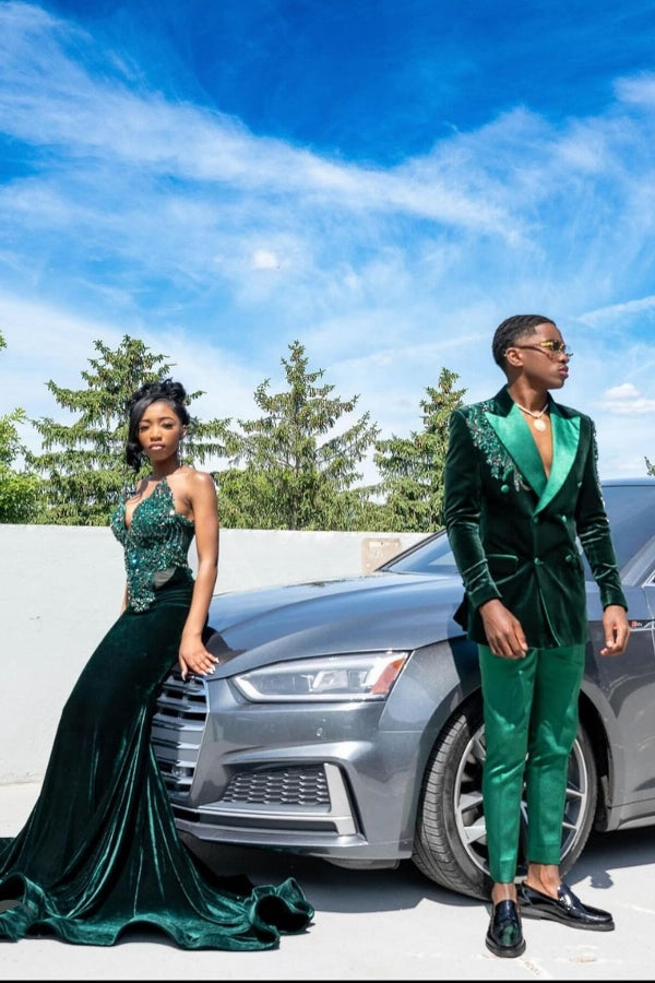 Dark Green Velvet Sweetheart Crystal Mermaid Prom Dresses-showprettydress