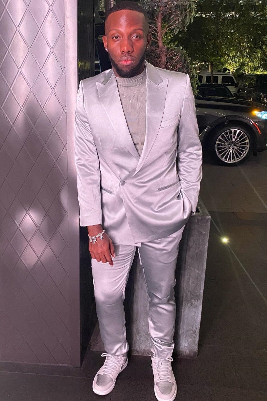 Bespoke Silver Peaked Lapel Satin Prom Suit