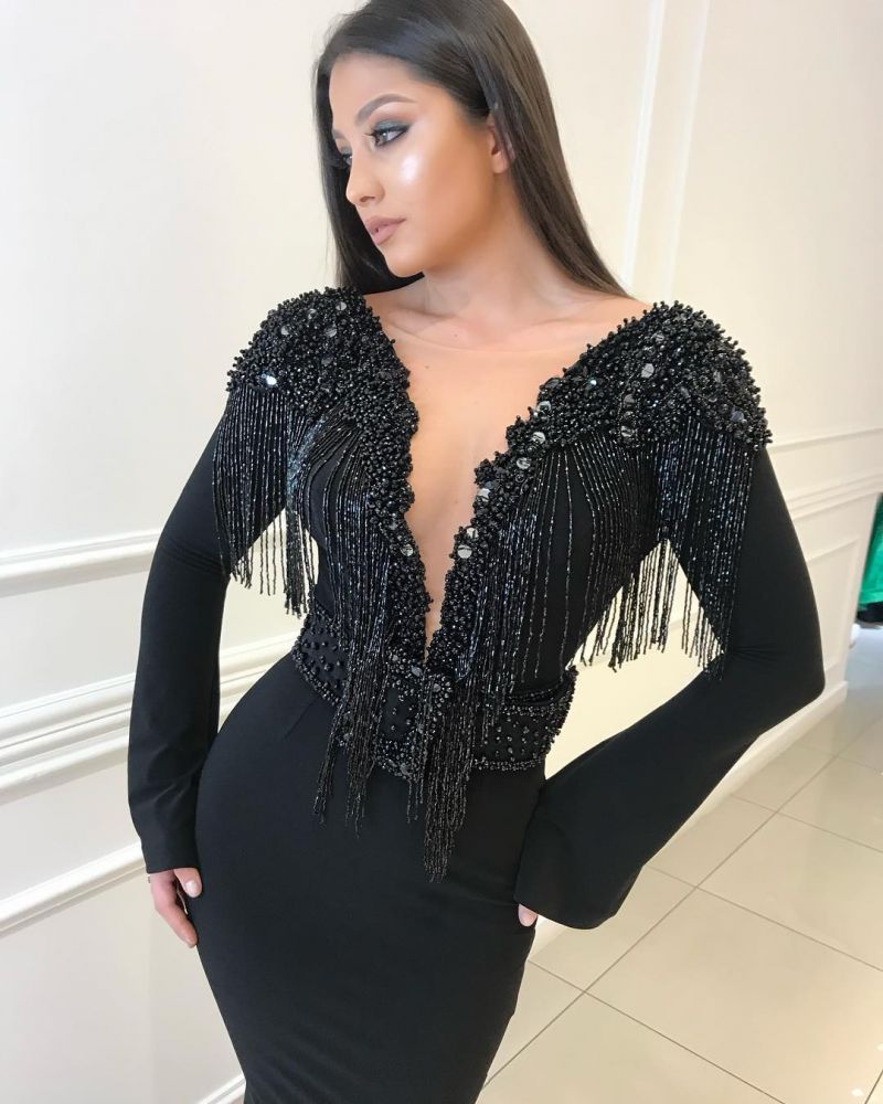 Deep Chic V-neck Open Back Black Prom Dresses Fit and Flare Elegant Long Sleeves Beads Tassels Evening Gown-showprettydress