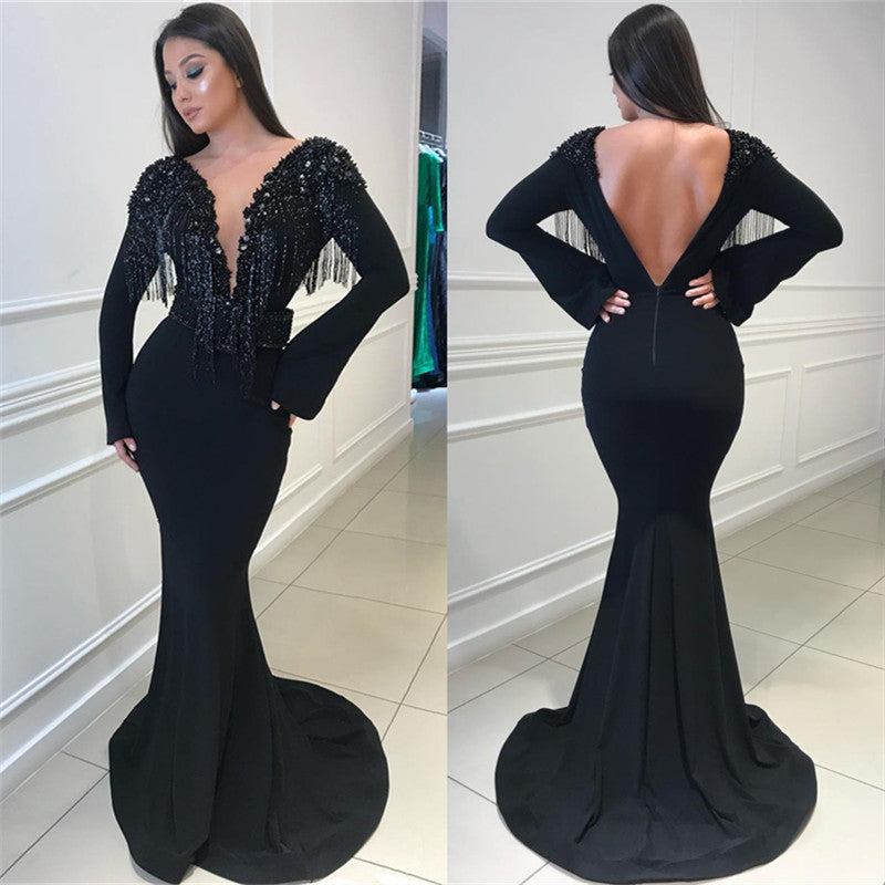 Deep Chic V-neck Open Back Black Prom Dresses Fit and Flare Elegant Long Sleeves Beads Tassels Evening Gown-showprettydress