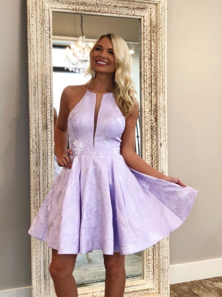 Deep-V-Neck Halter Appliques A-Line Sleeveless Homecoming Dress-showprettydress