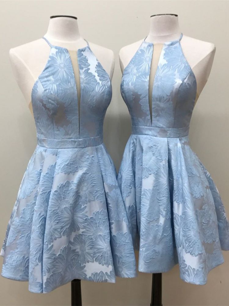 Deep-V-Neck Halter Appliques A-Line Sleeveless Homecoming Dress-showprettydress