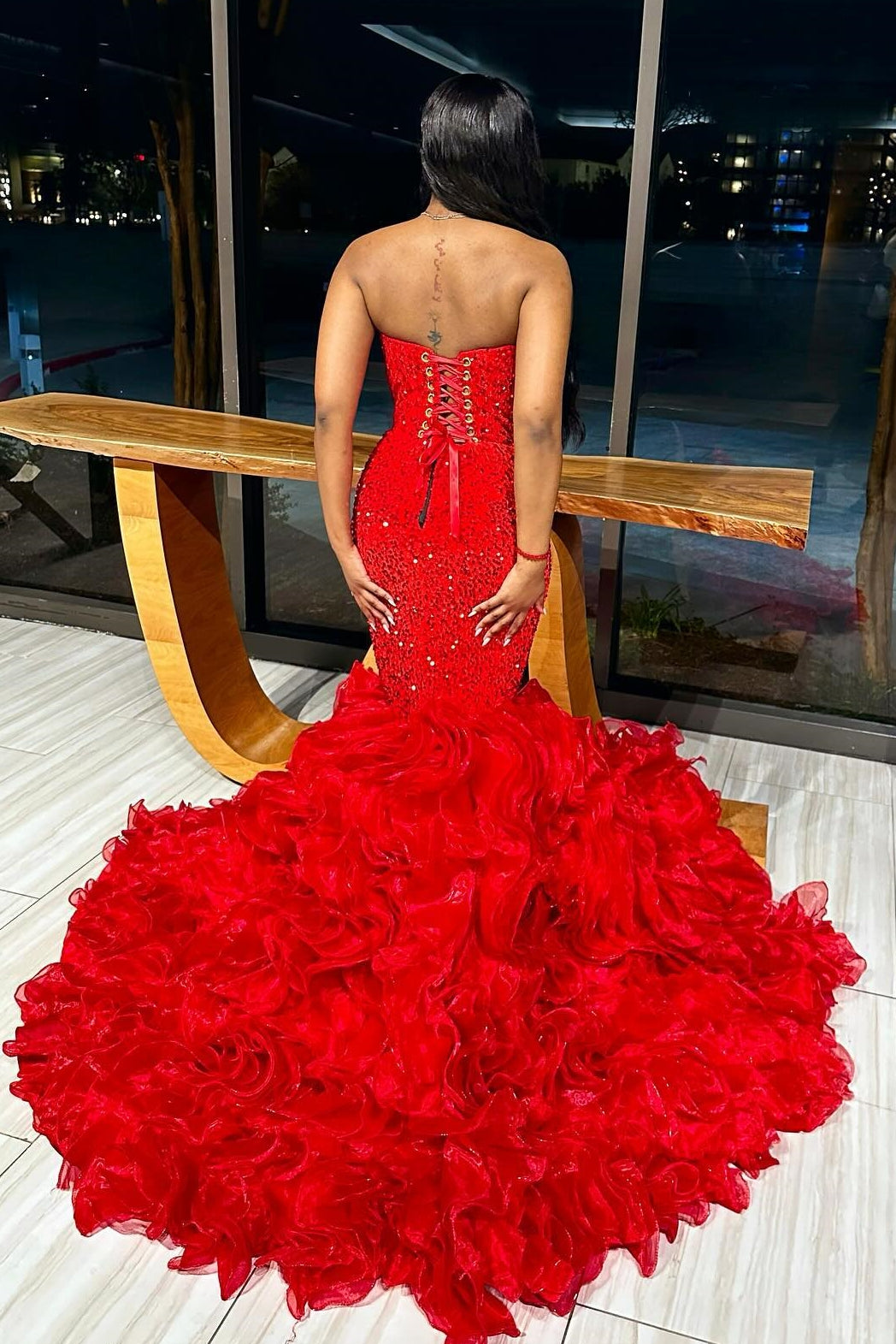 Deep V-Neck Red Lace Up Mermaid Ruffles Sexy Prom Dress-showprettydress