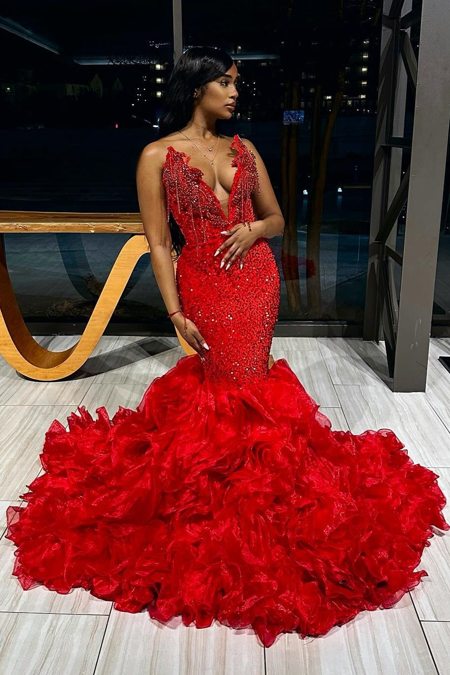 Deep V-Neck Red Lace Up Mermaid Ruffles Sexy Prom Dress-showprettydress