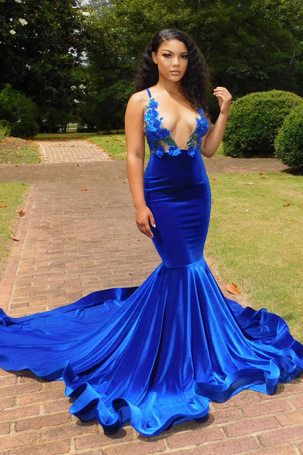 Royal Blue Flower Homecoming Dresses Deep V-neck Royal Blue