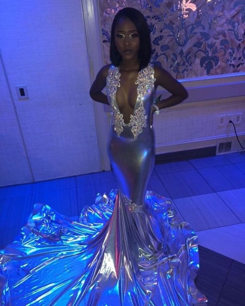 Deep V-neck Sleeveless Appliques Court Train Mermaid Prom Dresses-showprettydress