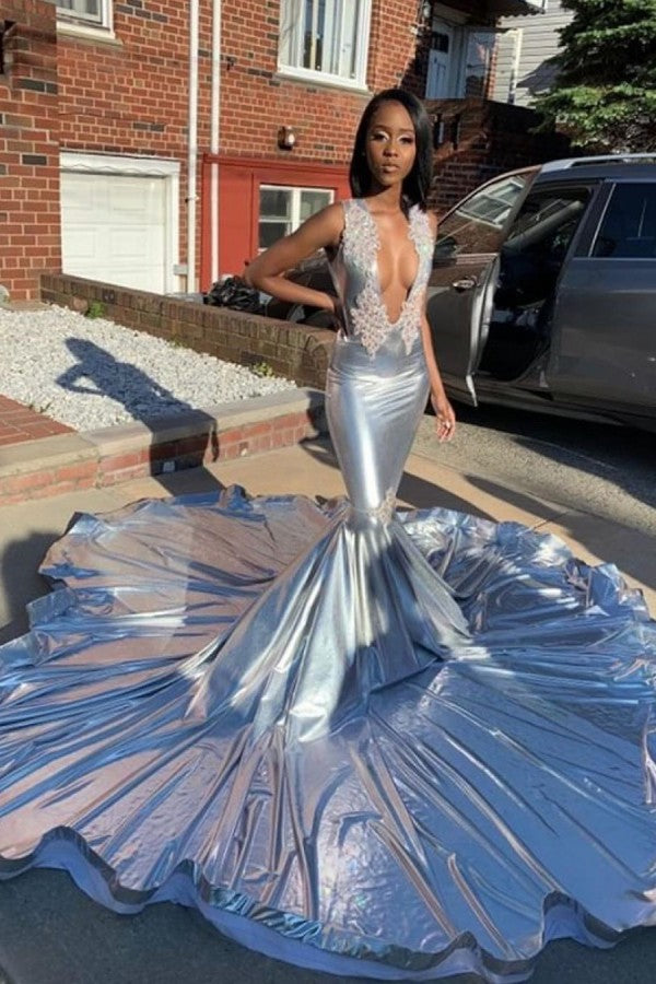 Deep V-neck Sleeveless Appliques Court Train Mermaid Prom Dresses Deep V-neck Sleeveless Appliques Court Train Mermaid Prom Dresses
