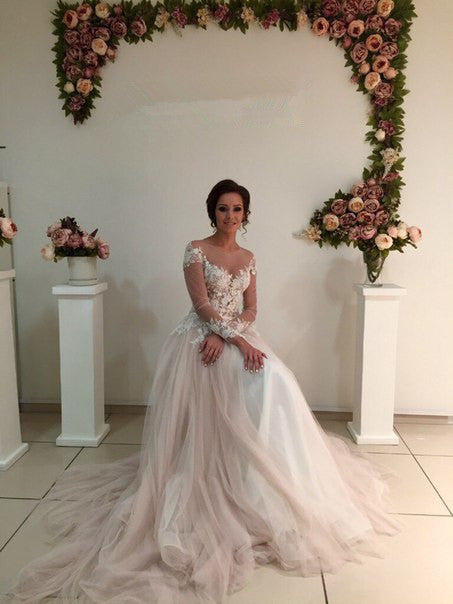 Delicate Lace Appliques Tulle Long Sleeve A line Sweep Train Bridal Dress-showprettydress
