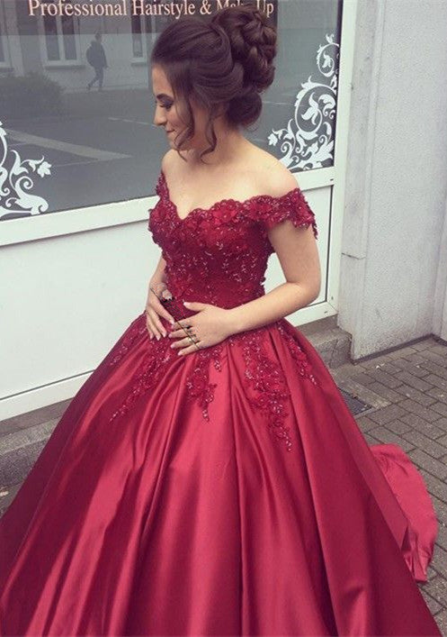 Delicate Off-the-shoulder Beading Ball Gown Prom Party Gowns-showprettydress