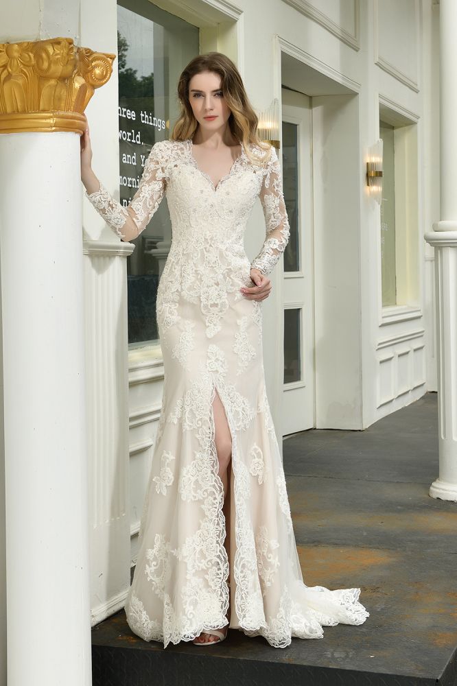 Delicate V Neck High Split Long Sleevess Lace Wedding Dress With