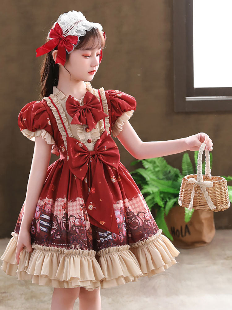 Designed Neckline Tulle Short Sleeves Short A-Line Bows Red Kids Party Dresses-showprettydress