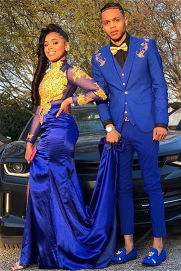Designer Royal Blue Three Pieces Appliques Men's Prom Suits Online Designer Royal Blue Three Pieces Appliques Men's Prom Suits Online