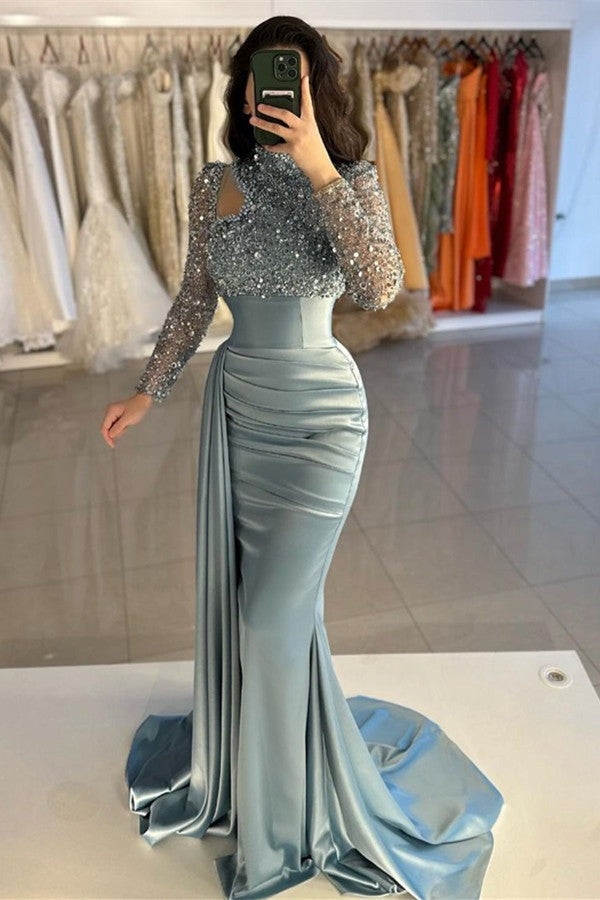 Dusty Blue Long Sleeves High Neck Mermaid Formal Prom Dress With Sequi Dusty Blue Long Sleeves High Neck Mermaid Formal Prom Dress With Sequi