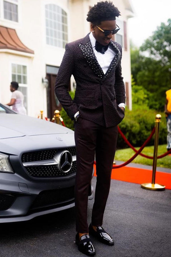 Black Beaded Prom Suit with Peaked Lapel and Beading