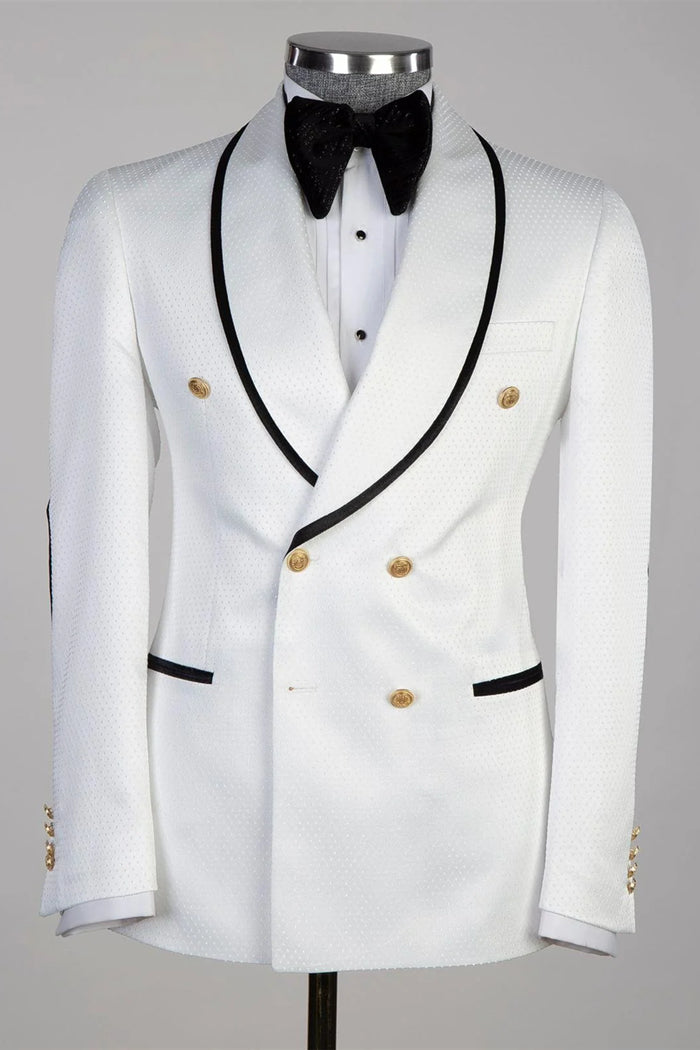 Golden Button White Wedding Suit with Black Edge