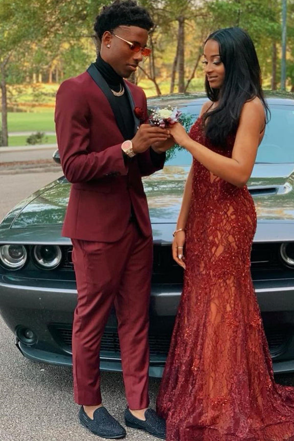 Burgundy Two-Button Prom Suit with Navy Shawl Lapel