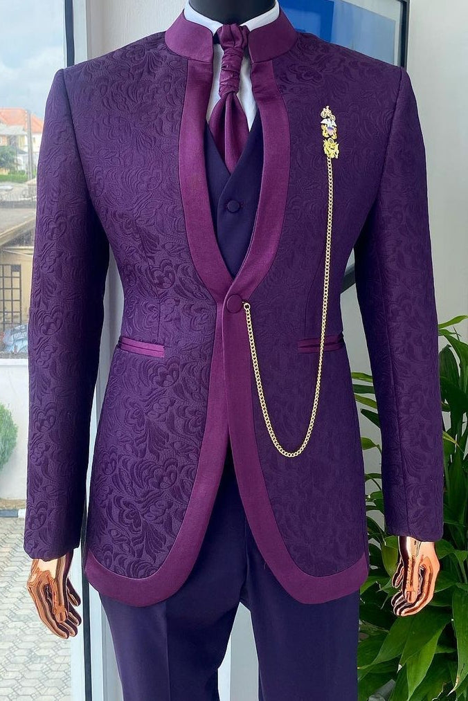 Stand Collar Purple 3-Piece Jacquard Prom Suit for Formal Events