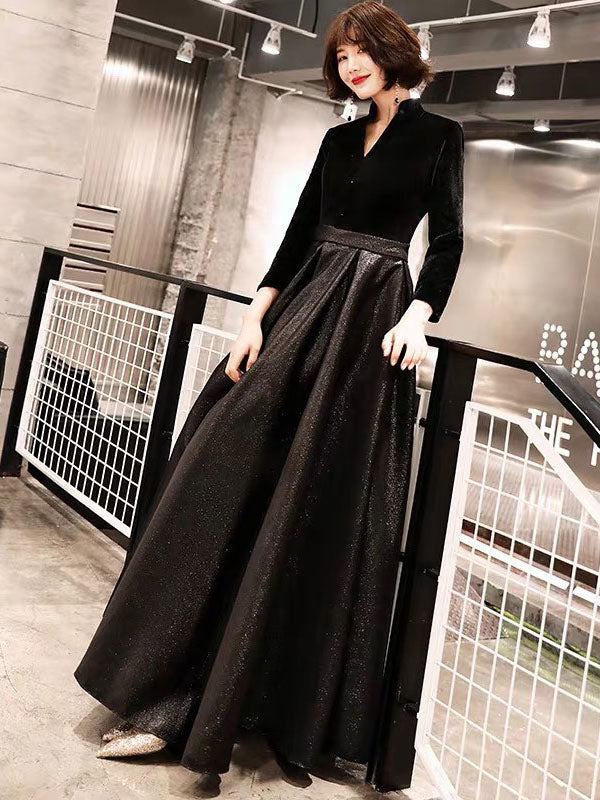 Eleagnt Black Evening Dresses Long V Neck Velvet Satin Patchwork Maxi Dresses-showprettydress