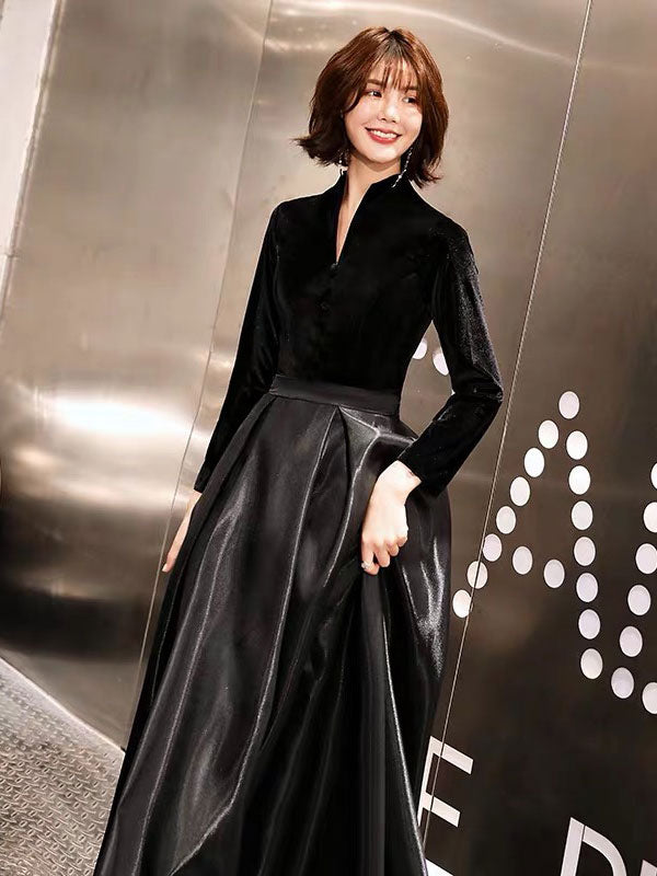 Eleagnt Black Evening Dresses Long V Neck Velvet Satin Patchwork Maxi Dresses-showprettydress
