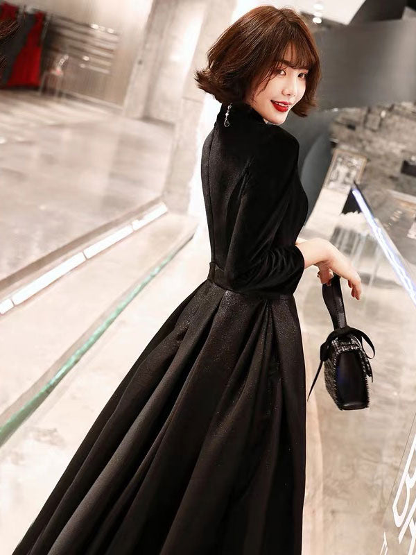Eleagnt Black Evening Dresses Long V Neck Velvet Satin Patchwork Maxi Dresses-showprettydress