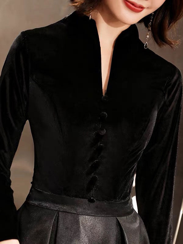 Eleagnt Black Evening Dresses Long V Neck Velvet Satin Patchwork Maxi Dresses-showprettydress