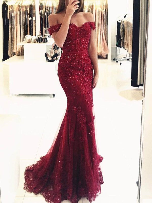 Eleagnt Evening Dress Mermaid Off The Shoulder Lace Lace Tulle Formal Party Dresses-showprettydress