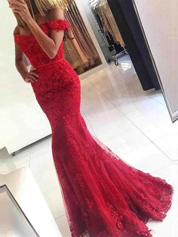 Eleagnt Evening Dress Mermaid Off The Shoulder Lace Lace Tulle Formal Party Dresses-showprettydress