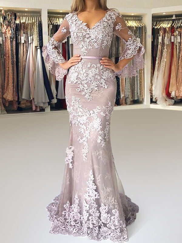 Eleagnt Evening Dress Mermaid V Neck Long Sleeves Zipper Lace Satin Fabric Formal Party Dresses With Train-showprettydress