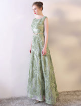 Eleagnt Evening Dresses Long Sage Green Embossment Fabric Texture Sleeveless A Line Floor Length With Sash Wedding Guest Dress-showprettydress