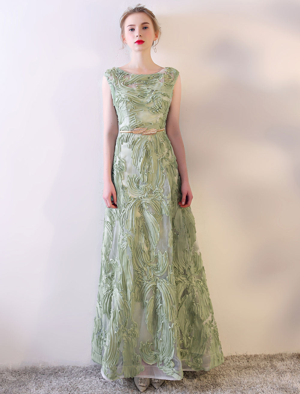 Eleagnt Evening Dresses Long Sage Green Embossment Fabric Texture Sleeveless A Line Floor Length With Sash Wedding Guest Dress-showprettydress