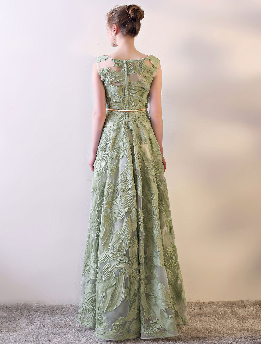 Eleagnt Evening Dresses Long Sage Green Embossment Fabric Texture Sleeveless A Line Floor Length With Sash Wedding Guest Dress-showprettydress