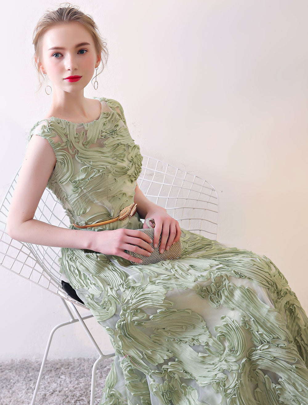 Eleagnt Evening Dresses Long Sage Green Embossment Fabric Texture Sleeveless A Line Floor Length With Sash Wedding Guest Dress-showprettydress
