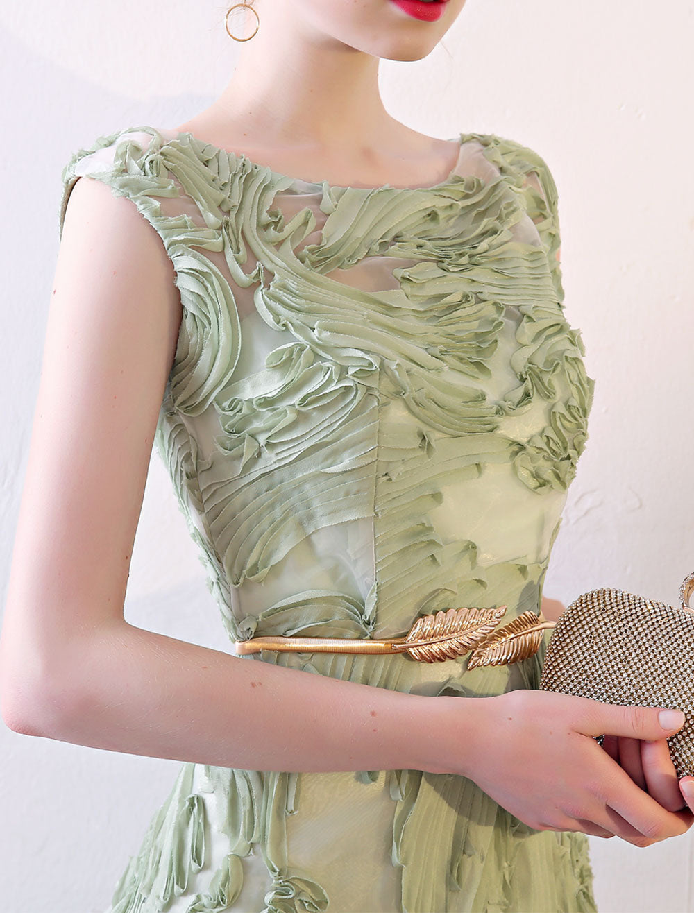 Eleagnt Evening Dresses Long Sage Green Embossment Fabric Texture Sleeveless A Line Floor Length With Sash Wedding Guest Dress-showprettydress