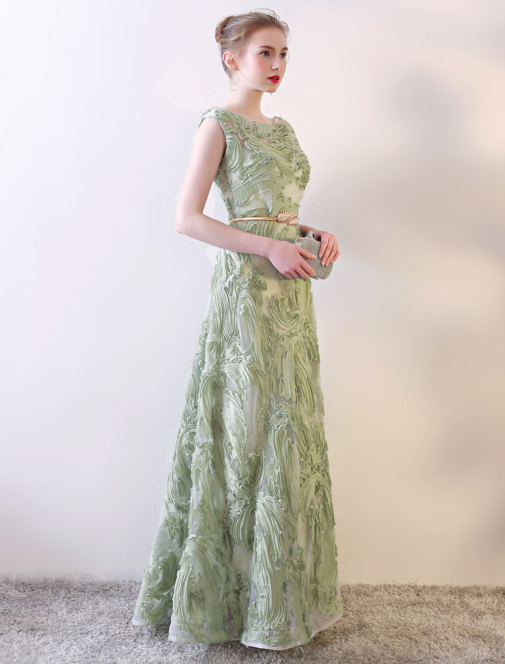 Eleagnt Evening Dresses Long Sage Green Embossment Fabric Texture Slee