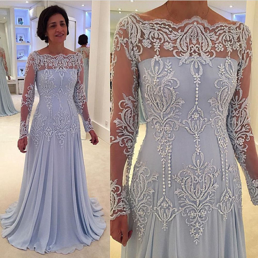 Elegant A-line Lace Long-Sleeve Mother-the-bride Dress-showprettydress