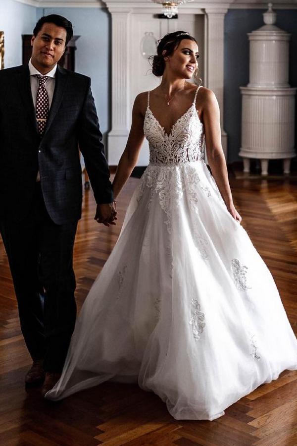 Elegant A-line V-neck Lace Tulle Spaghetti Strap Wedding Dress-showprettydress