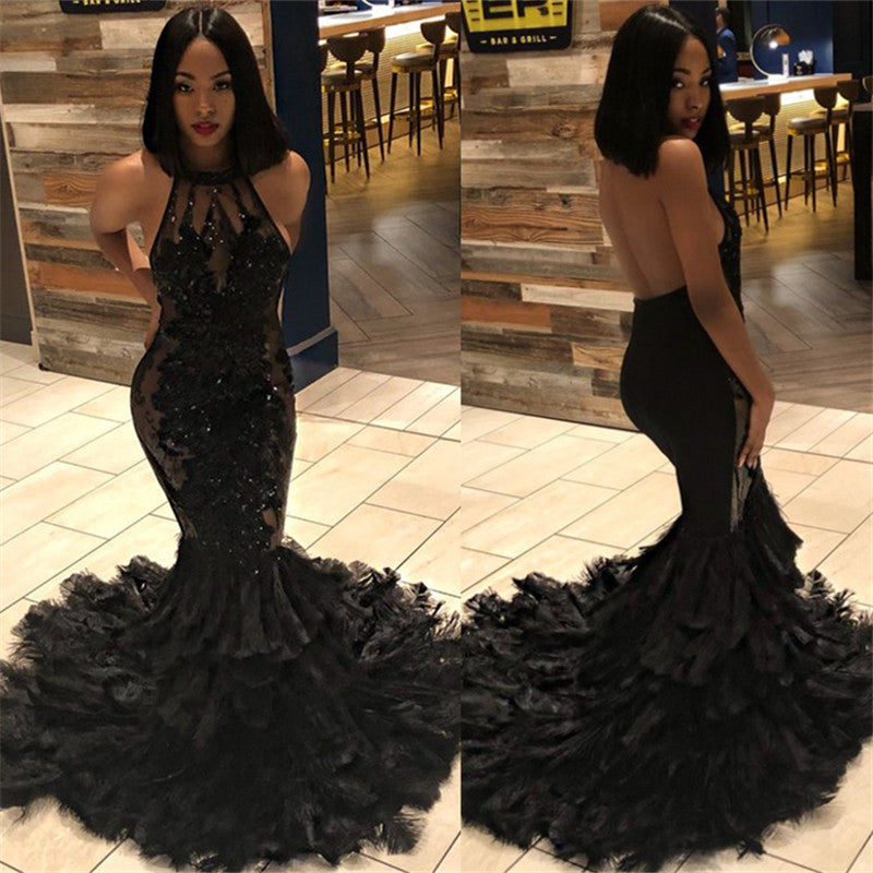 Elegant Black Mermaid Halter Sleeveless Open Back Applique Prom Dresses-showprettydress