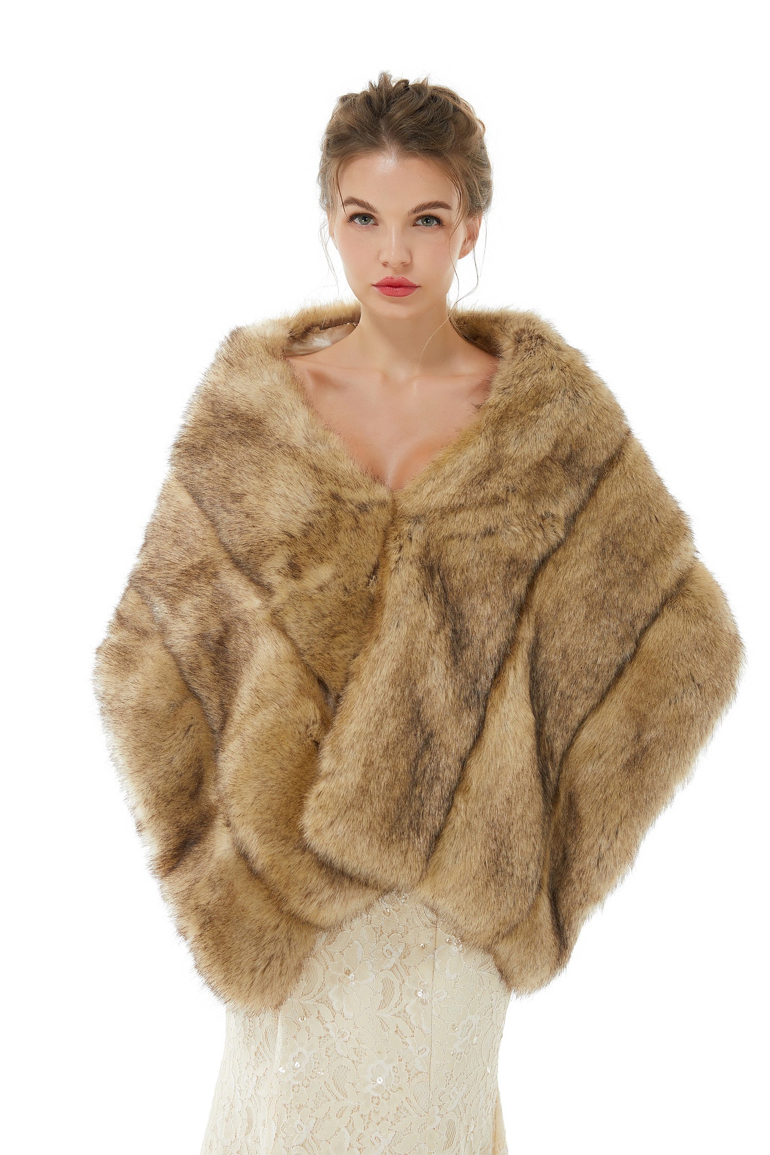 Elegant Brown Faux Fur Wedding Shawl For Bride-showprettydress
