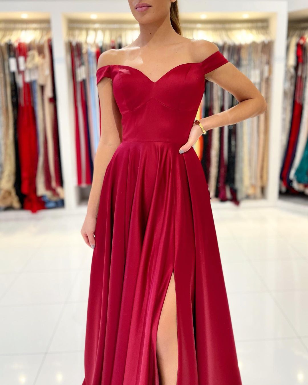 Elegant Burgundy Long A-line Off-the-Shoulder Satin Prom Dress With Split-showprettydress