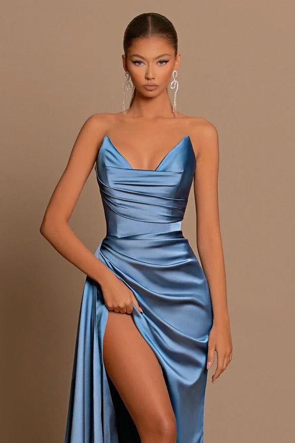 Elegant Dusty Blue Long Mermaid Sleeveless Satin Prom Dress With Slit-showprettydress