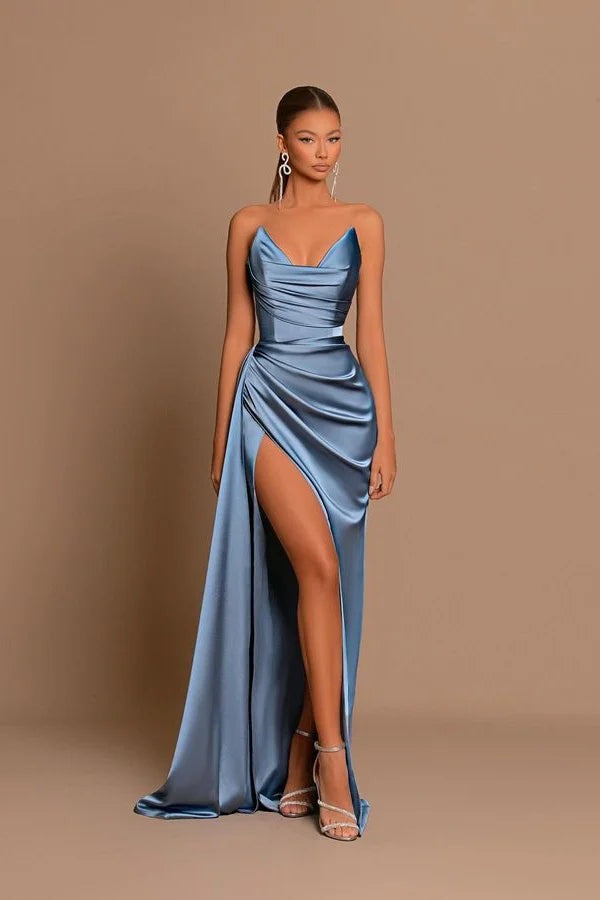 Elegant Dusty Blue Long Mermaid Sleeveless Satin Prom Dress With Slit-showprettydress