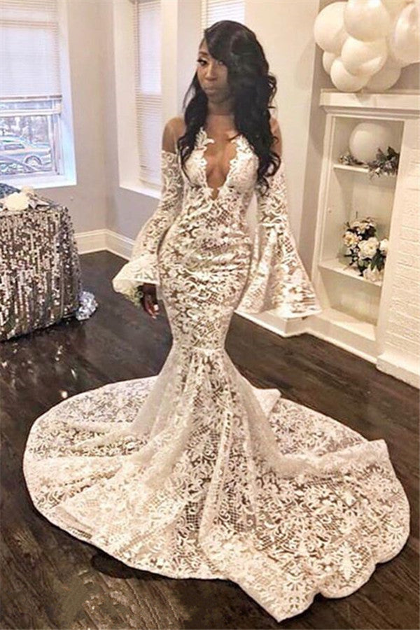 Elegant Fit and Flare Unique Lace Appliques Prom Dresses Long Sleeves