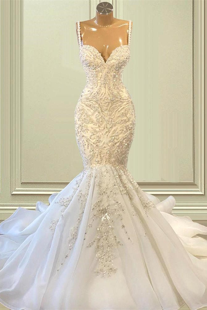 fitted lace wedding dress Elegant Ivory Spaghetti straps Sleeveless Mermaid Wedding Dresses
