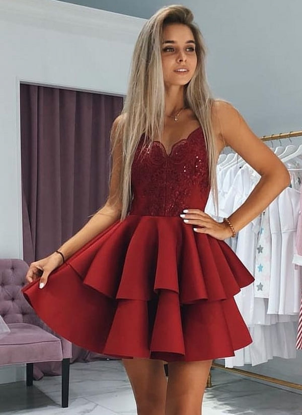Elegant Layers Homecoming Dresses Spaghetti Straps Lace Hoco Dresses with Appliques-showprettydress