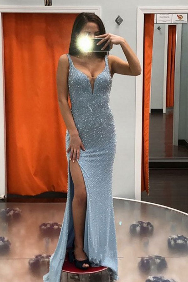 Elegant Light Sky Blue High Split Sparkle Beaded Prom Dresses On Sale-showprettydress
